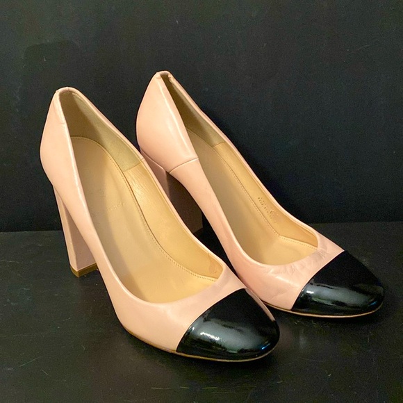 J. Crew Shoes - J. Crew Lena Faded Blush Leather Black Cap Toe Pump Sz 38/7.5 Block Heels Italy